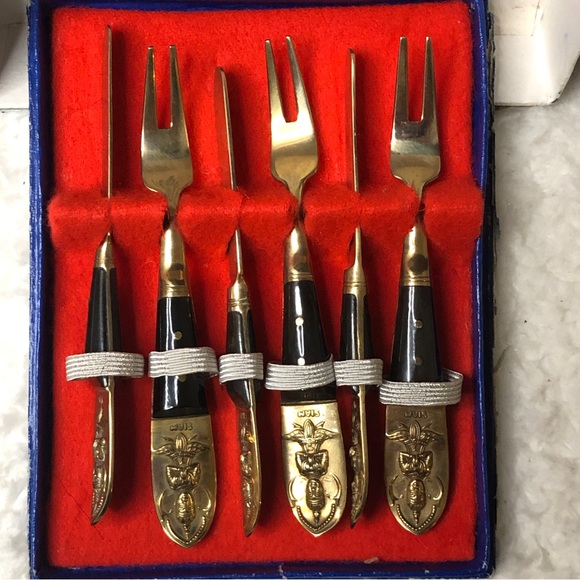 Vintage Ruby Jewelry, Siam Solid Bronze Fork & Knife Cocktail Flatware Set Of 6 - Picture 2 of 11